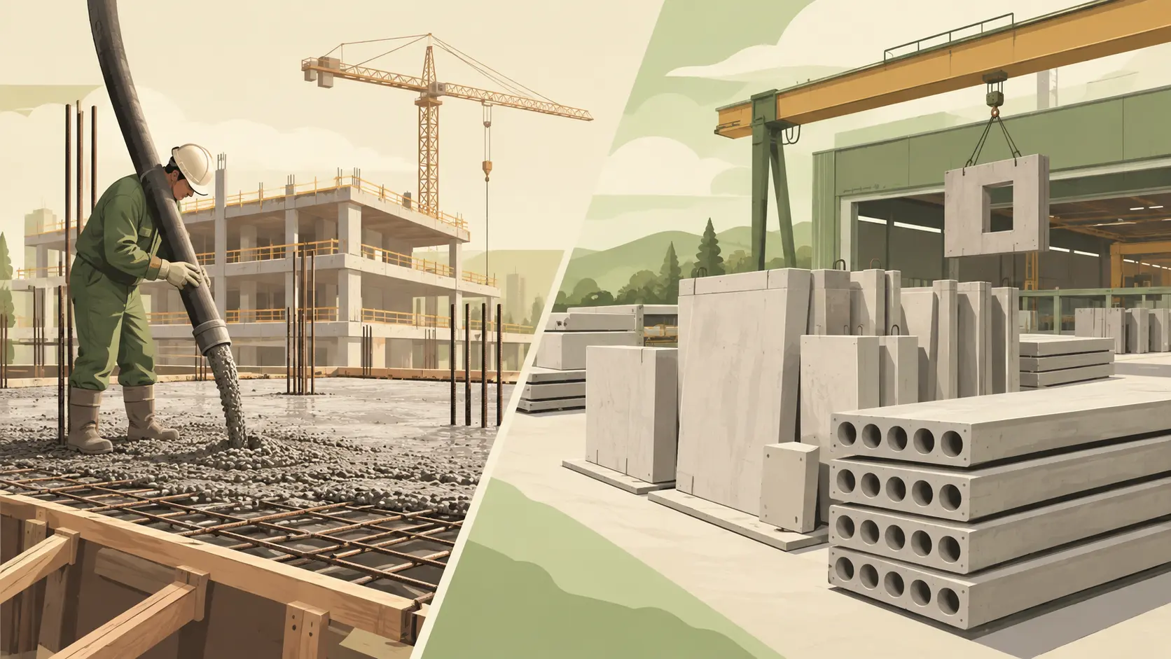 Comparație vizuală între o structură monolită turnată pe șantier și panouri prefabricate din beton