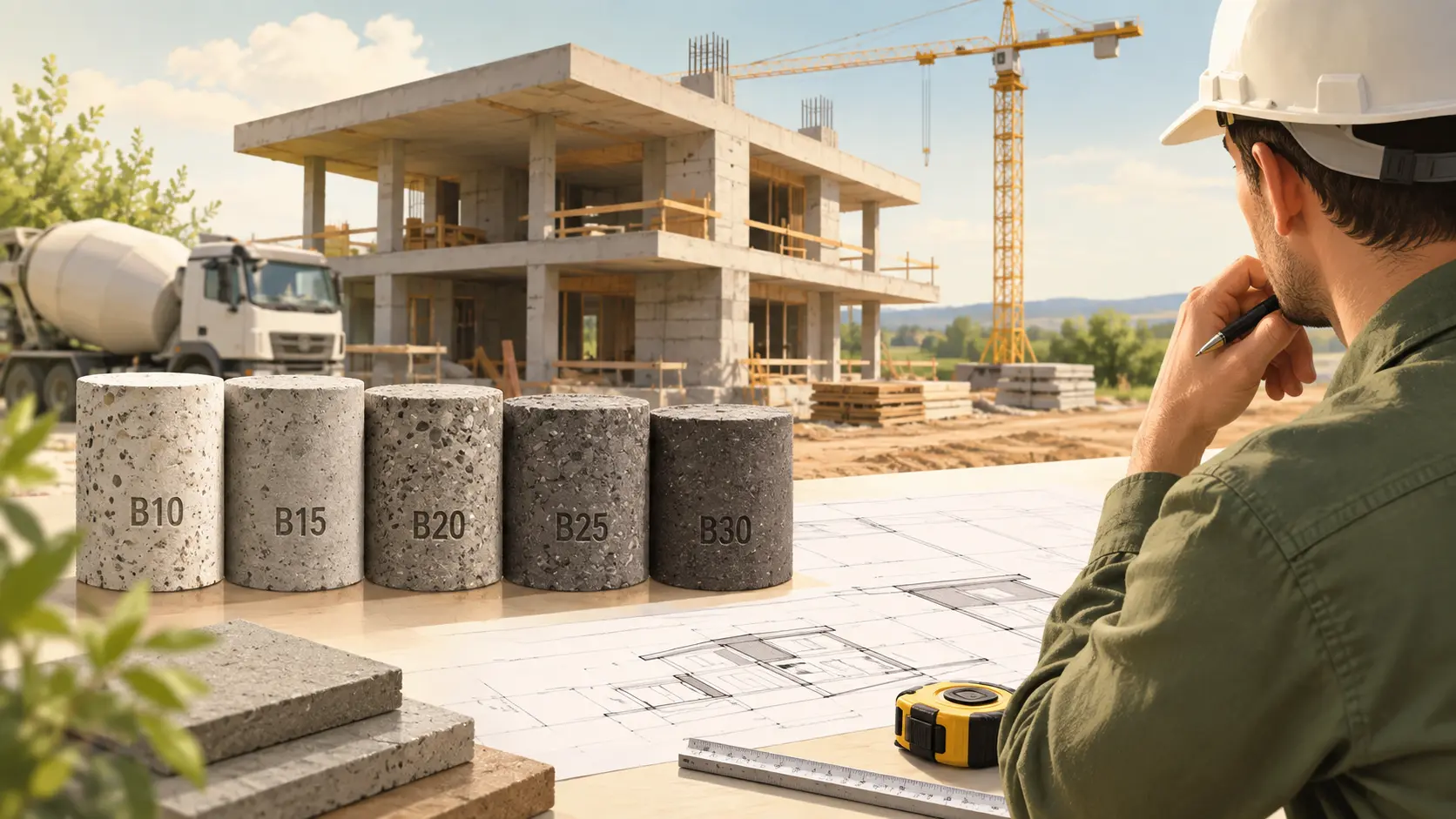 Tabel cu clase de beton afișat lângă mostre de beton