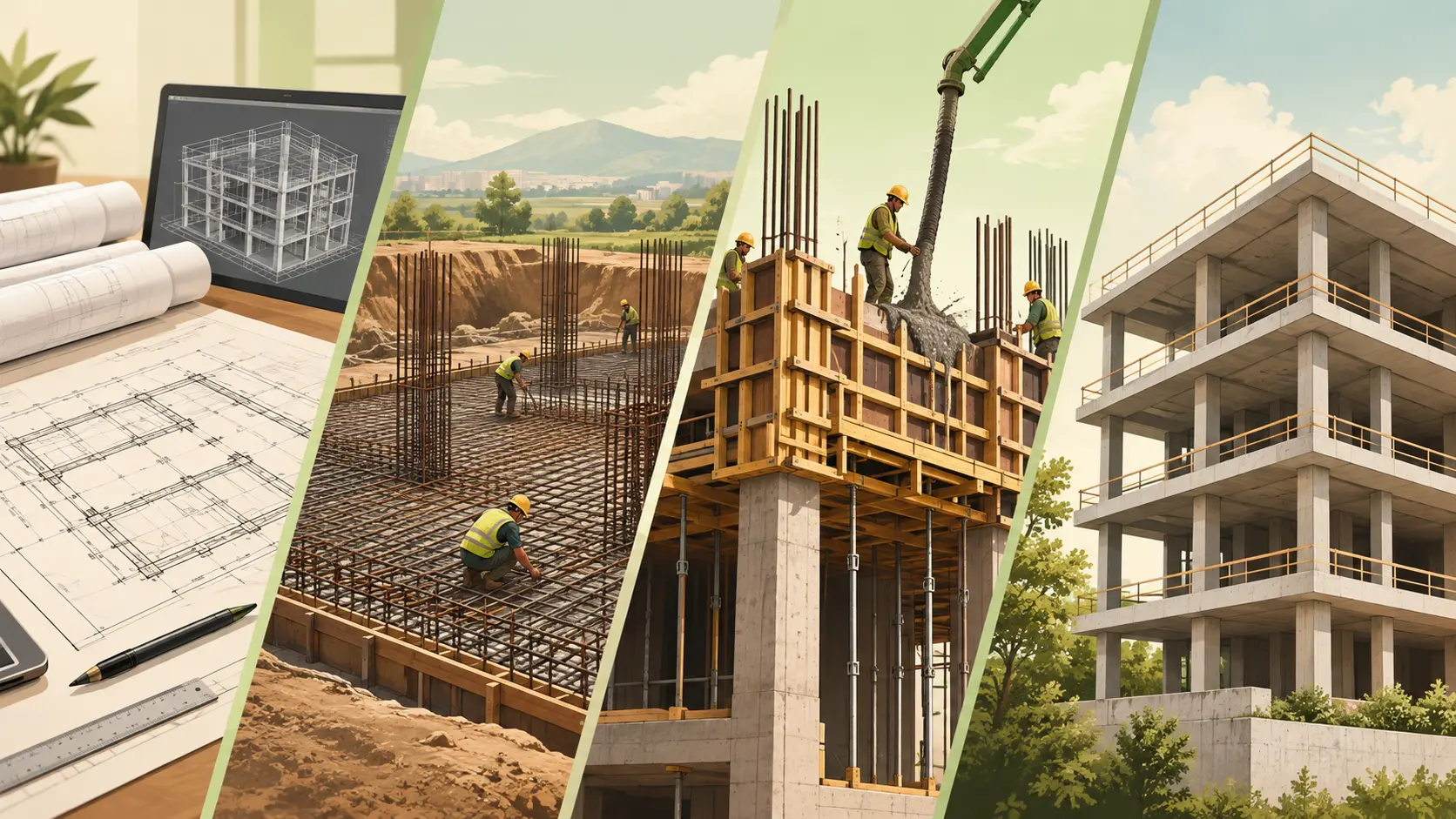 Șantier de construcție cu o structură din beton armat în diferite etape de execuție