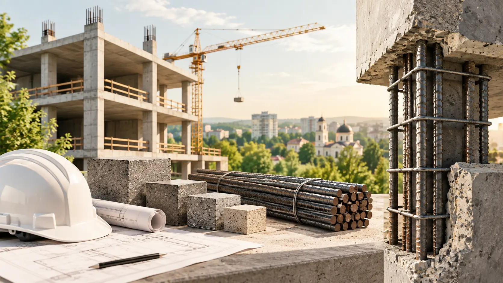 Structură din beton armat în lucru pe un șantier de construcție